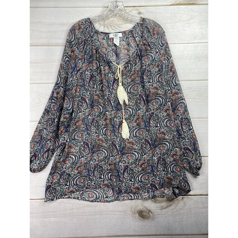 MOA MOA Women Top 2X Sheer Paisley Boho Tassles Elastic Cuff Fairy Beach Vtg Y2K